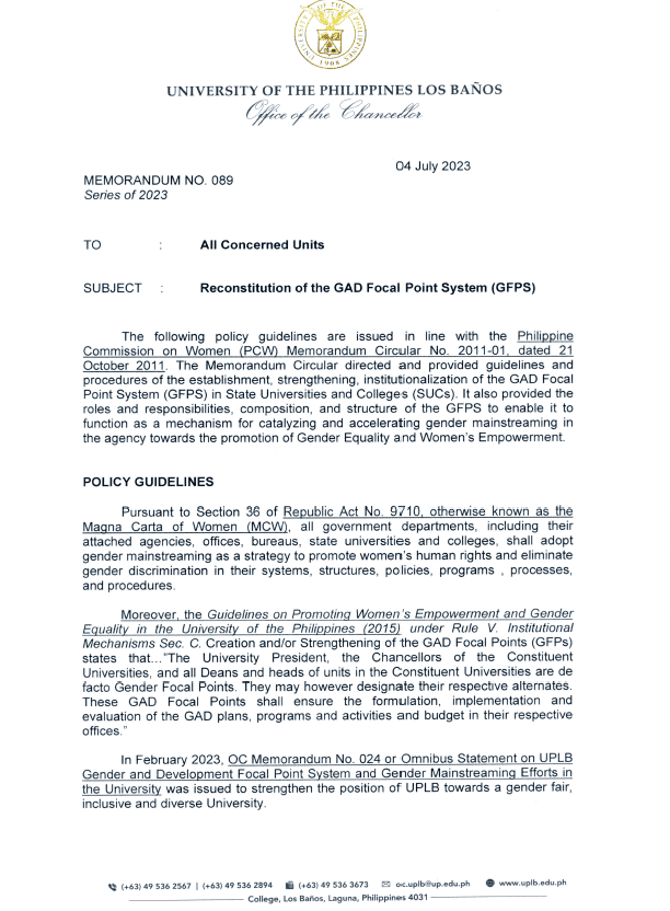 OC Memorandum No. 089 s.2023, Reconstitution of the GAD Focal Point System (GFPS)